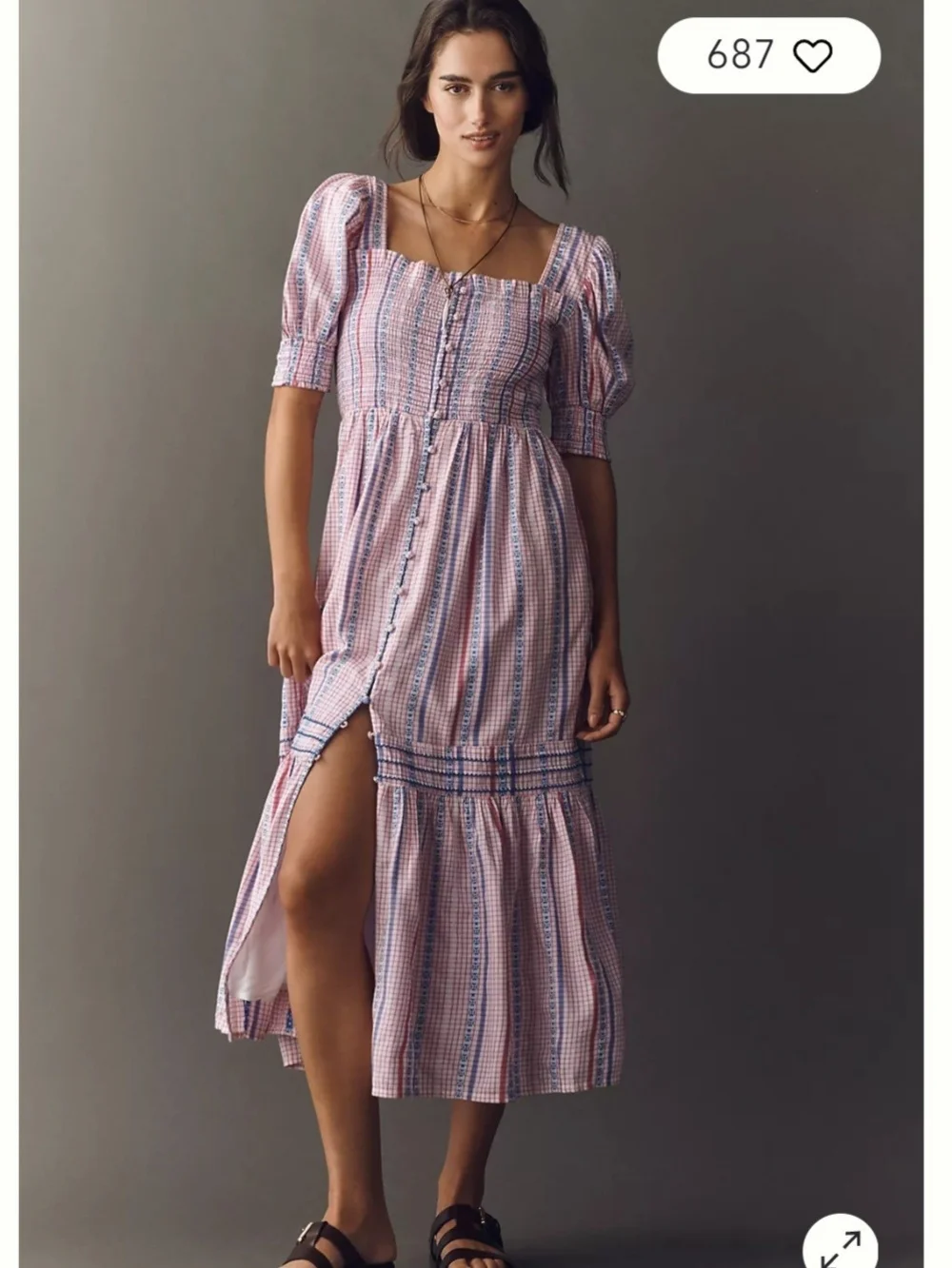 Anthropologie Pink & Blue Striped Puff-Sleeve Midi Dress - Picture 1 of 5